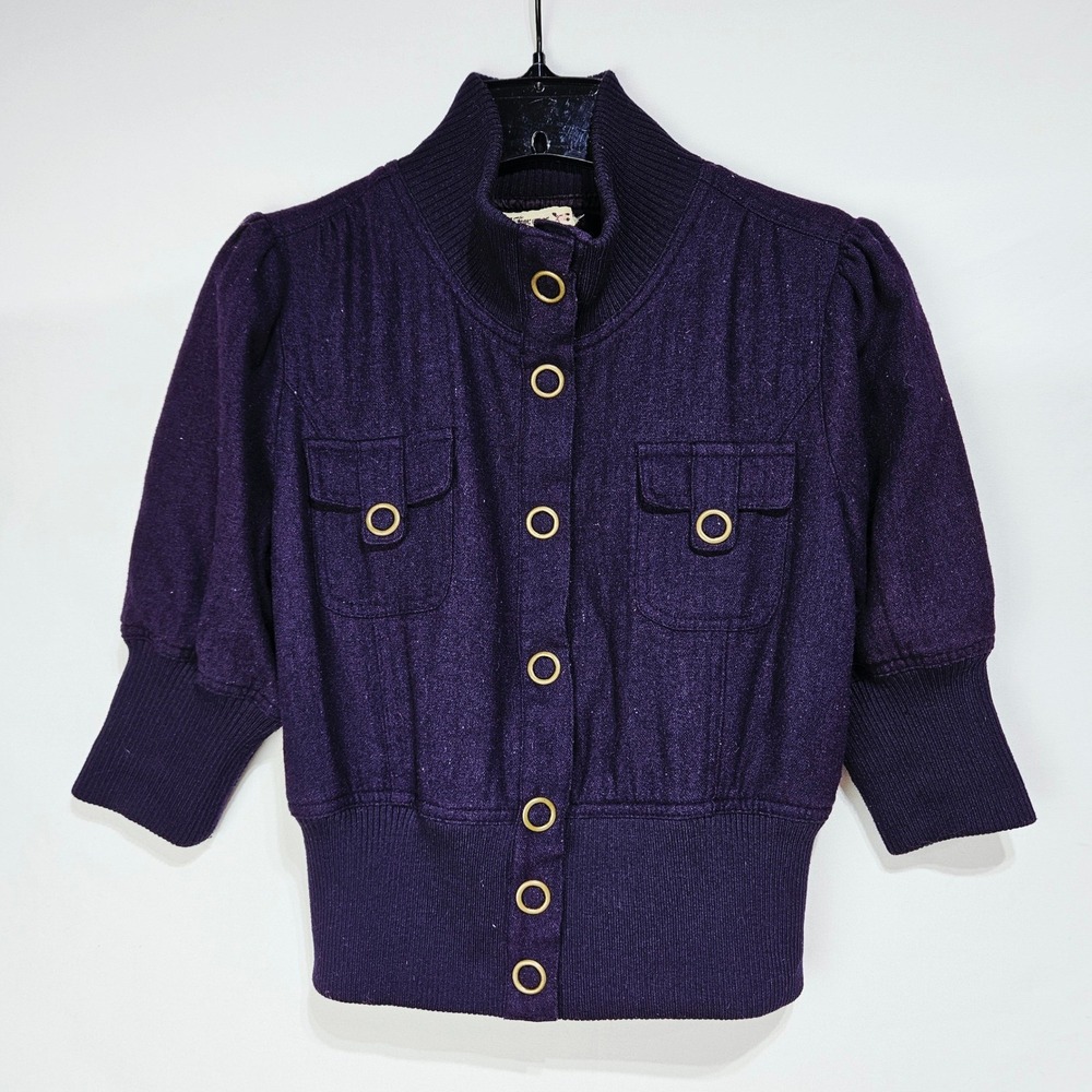 Blue-Purple Wool Blend Puff Sleeve Cropped Snap Jacket M Twee Dark Academia